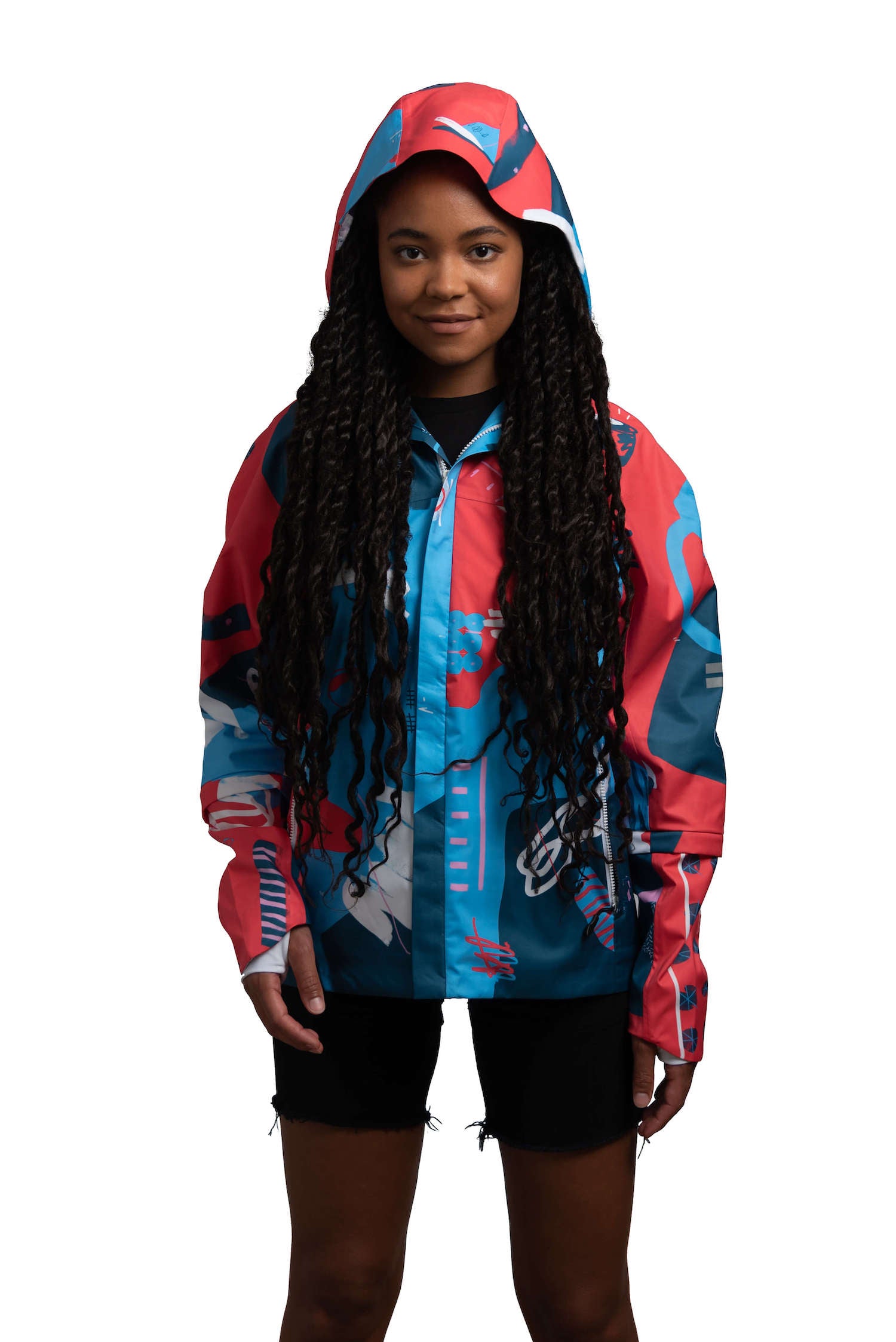Red and Blue Jacket - Artist Edition MONTREET - Cycling Wear for Women and Men - Raincoat with Hood - Waterproof - Environmentally Friendly