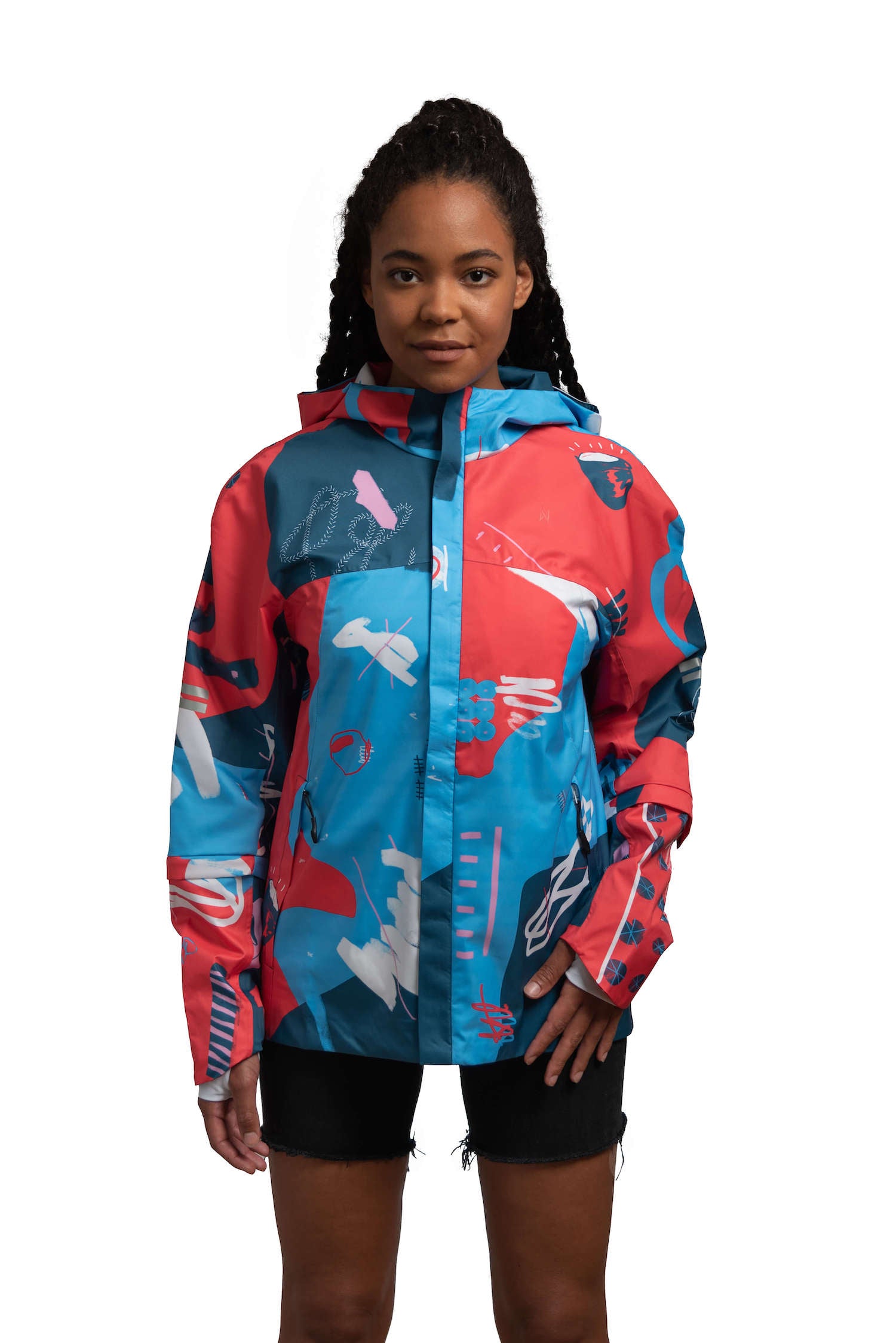 Warm Rain Jacket - The Cyclist - MONTREET - Bike Wear - Bicycle - Jacket - Eco friendly - Environmentally friendly - Unisex Jacket - Art Print - Red and Blue Graphic Print