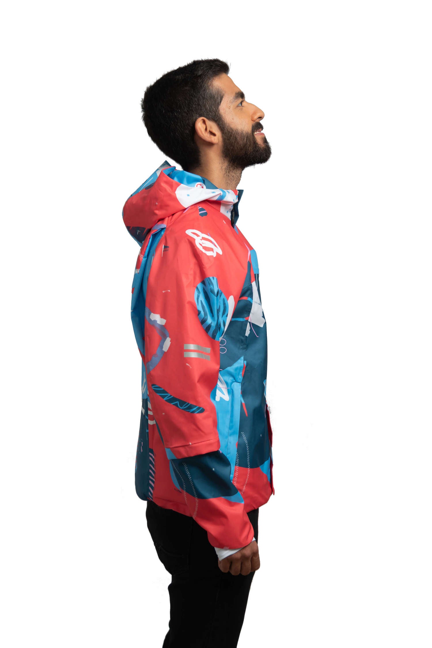 Eco friendly Rainjacket for Cyclists - Blue and Red Graphic Print - Modern Stylish Cycling Wear for Men and Women - Unisex and Environmentally Friendly